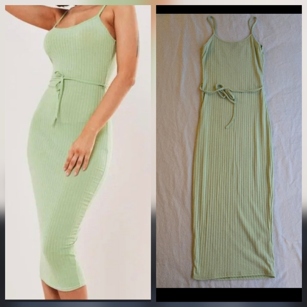 Missguided Pastel Green Tie Belt Ribbed 90s Y2K Spaghetti Strap Cami Dress